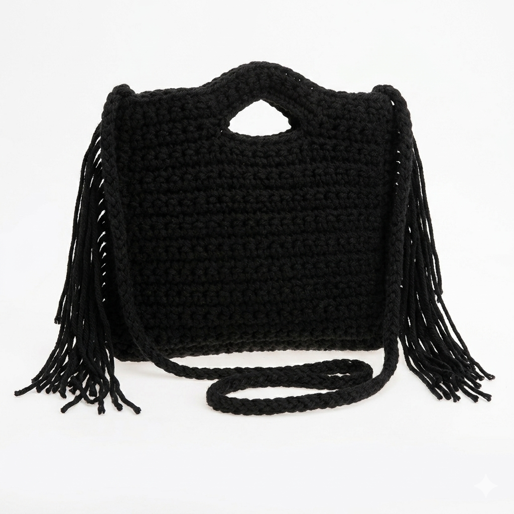 Bolso de Mano en Algodón Estilo Ganchillo con Flecos Laterales