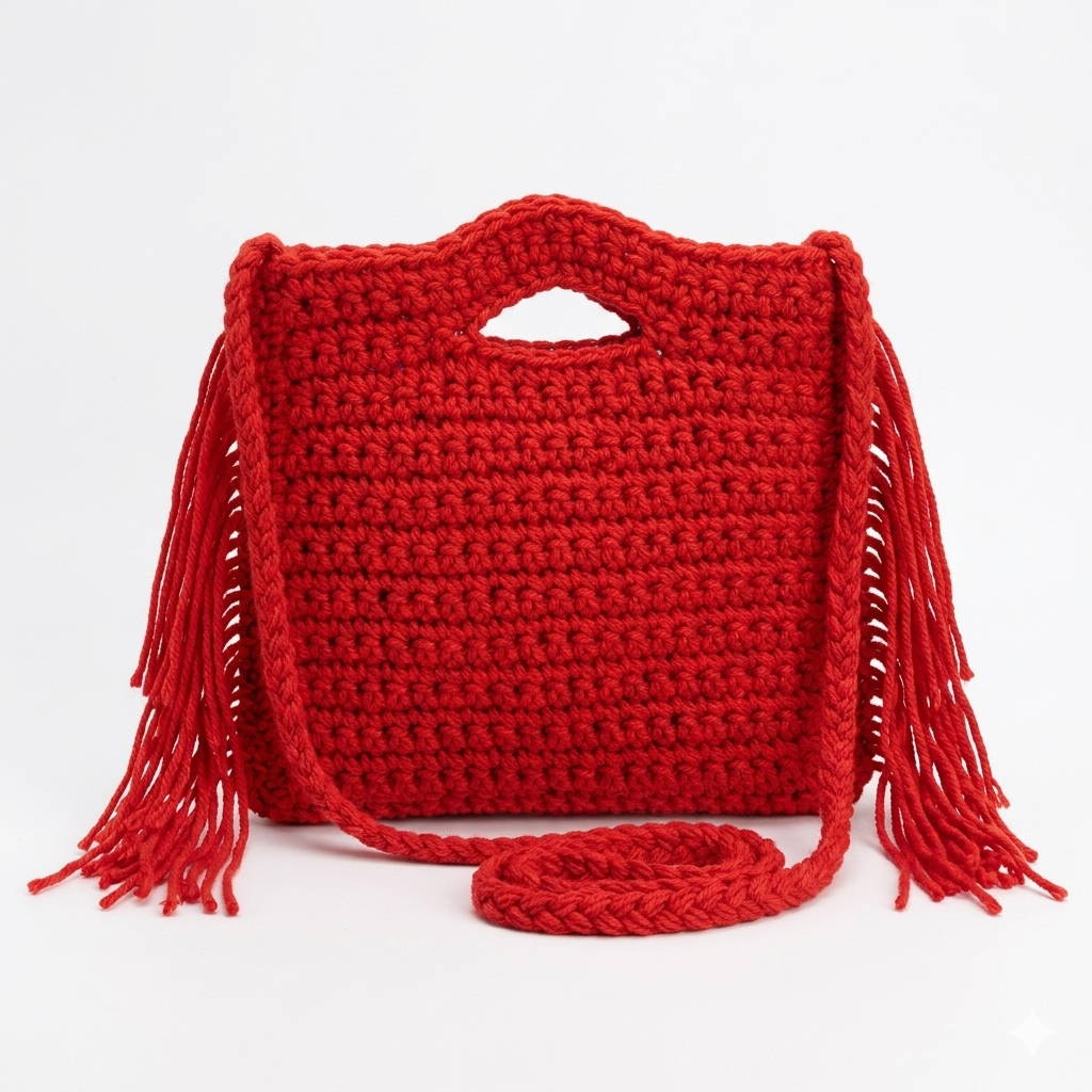 Bolso de Mano en Algodón Estilo Ganchillo con Flecos Laterales