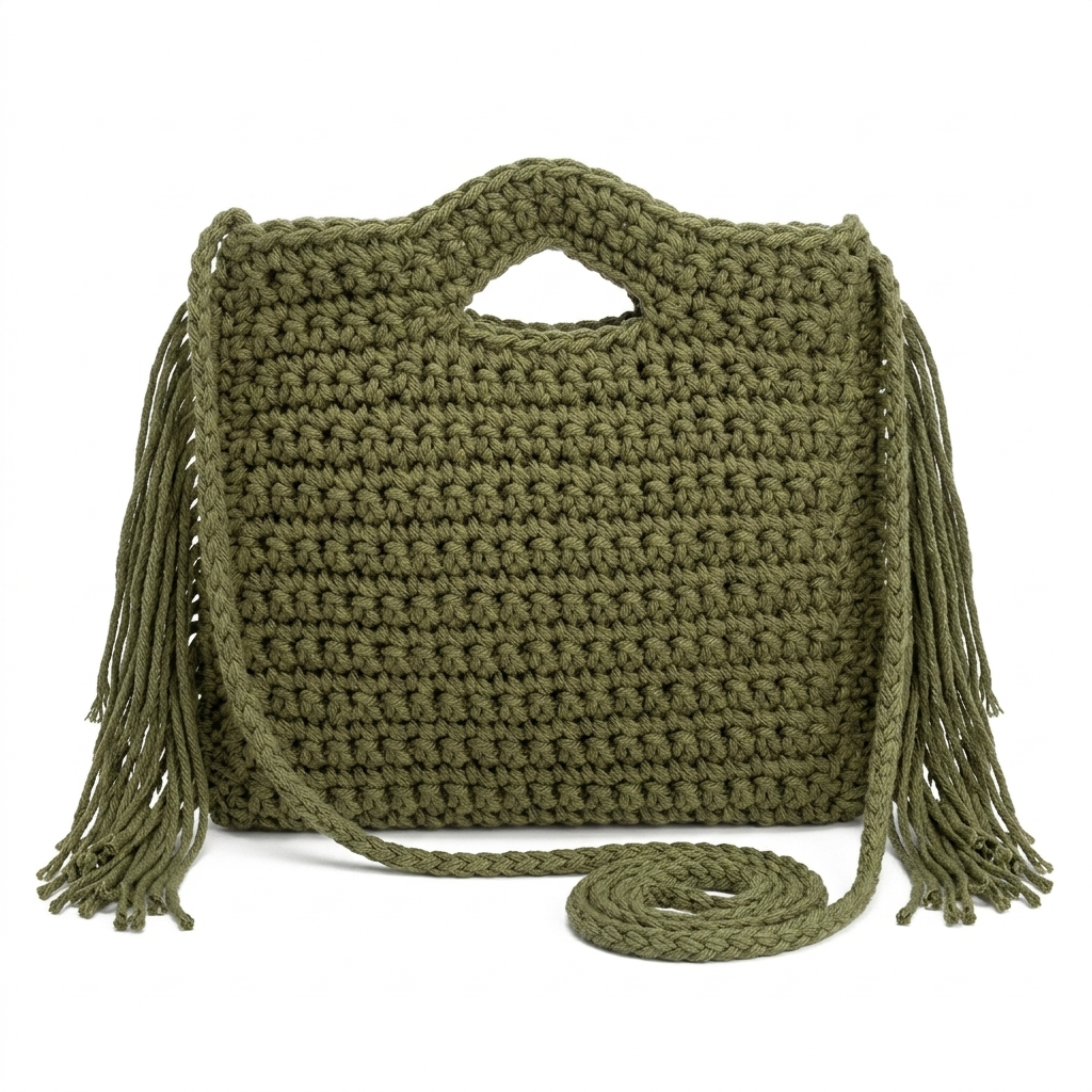 Bolso de Mano en Algodón Estilo Ganchillo con Flecos Laterales