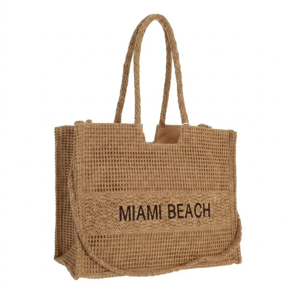 Amplio Bolso Tote de Papel Diseño “Miami Beach”, Asa Larga y Cremallera
