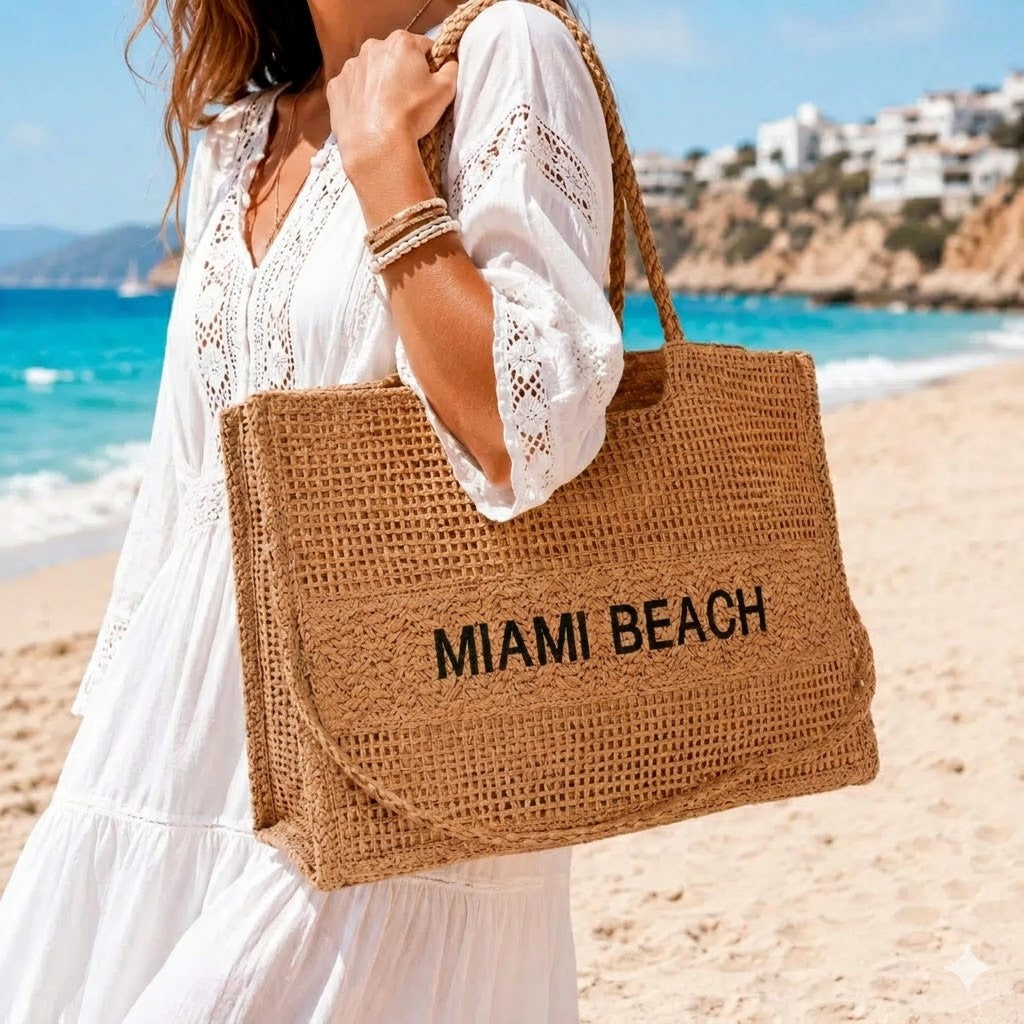 Amplio Bolso Tote de Papel Diseño “Miami Beach”, Asa Larga y Cremallera