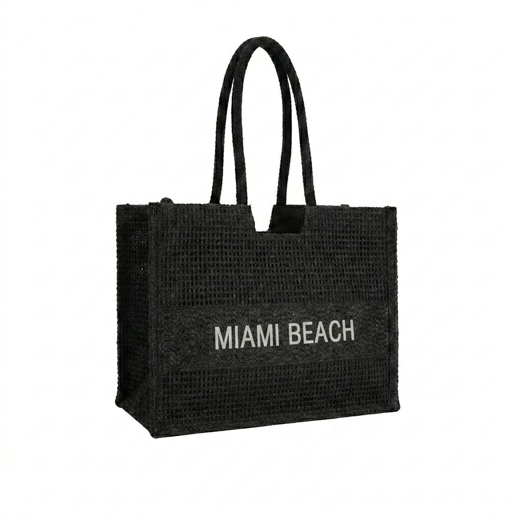 Amplio Bolso Tote de Papel Diseño “Miami Beach”, Asa Larga y Cremallera