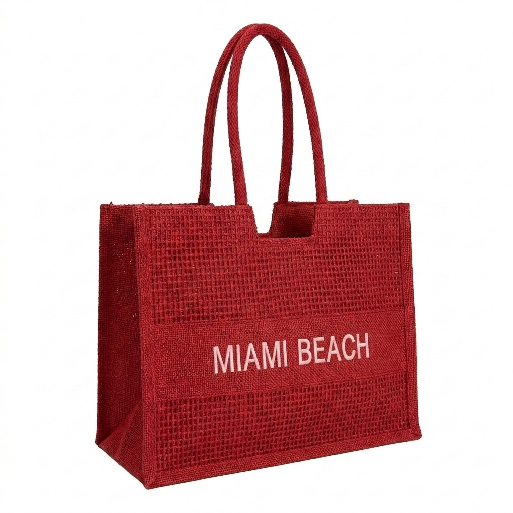 Amplio Bolso Tote de Papel Diseño “Miami Beach”, Asa Larga y Cremallera