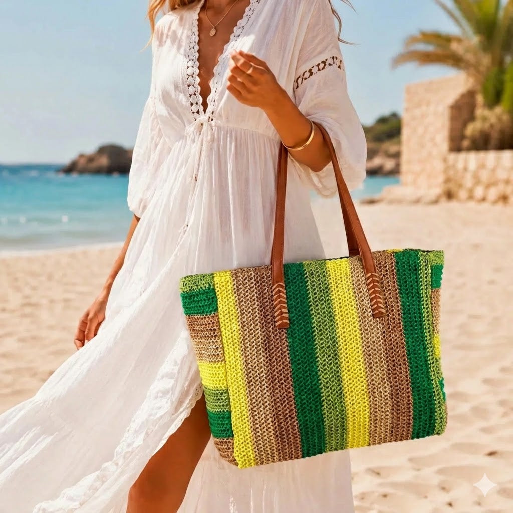 Bolso Grande de Papel tipo Shopper con Diseño a Rayas y 2 Asas Largas