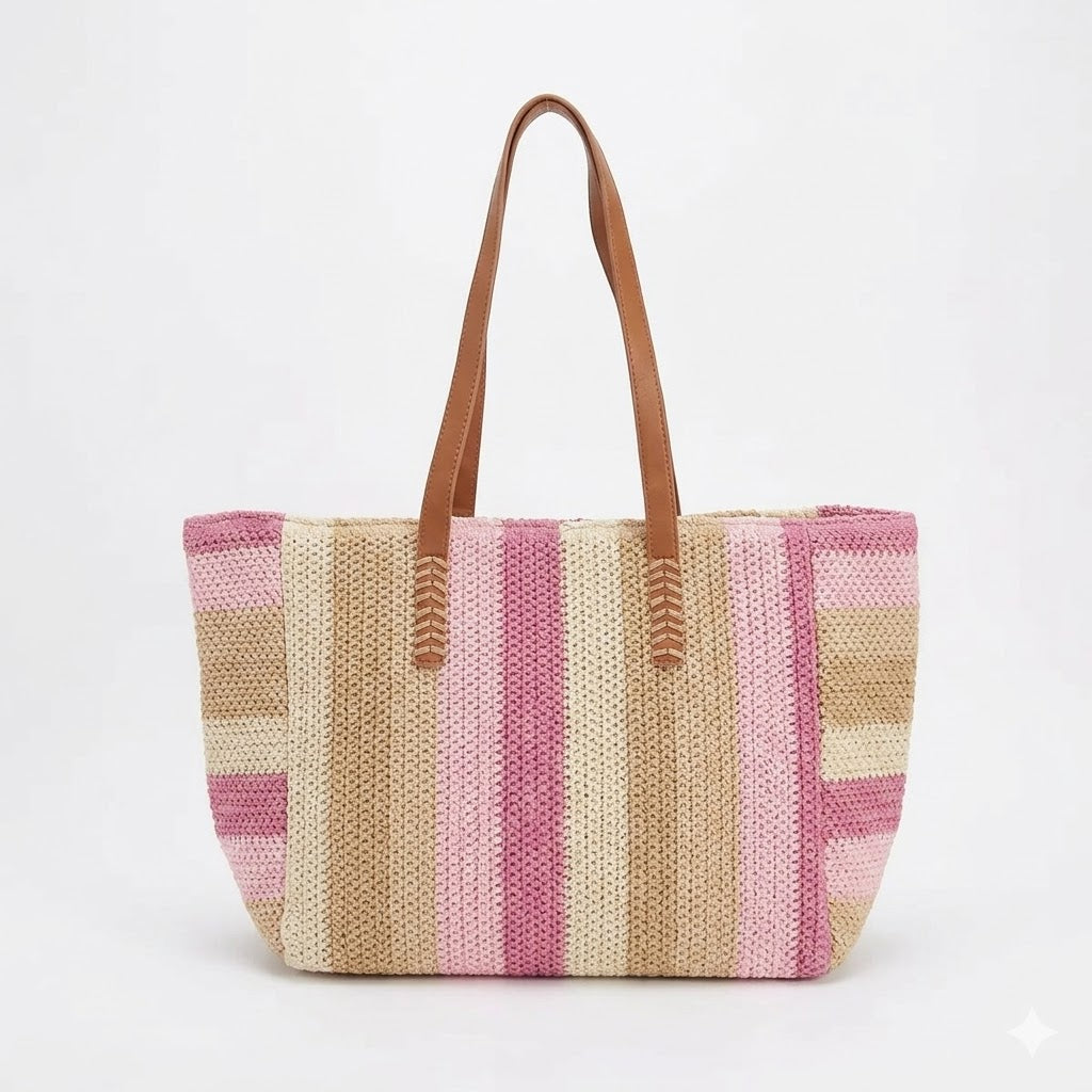 Bolso Grande de Papel tipo Shopper con Diseño a Rayas y 2 Asas Largas