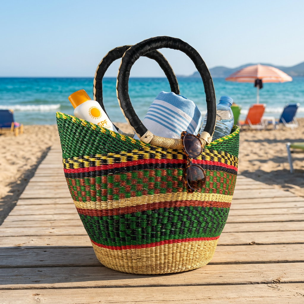 Cesta artesanal moldeable africana grande con asas de piel DIY