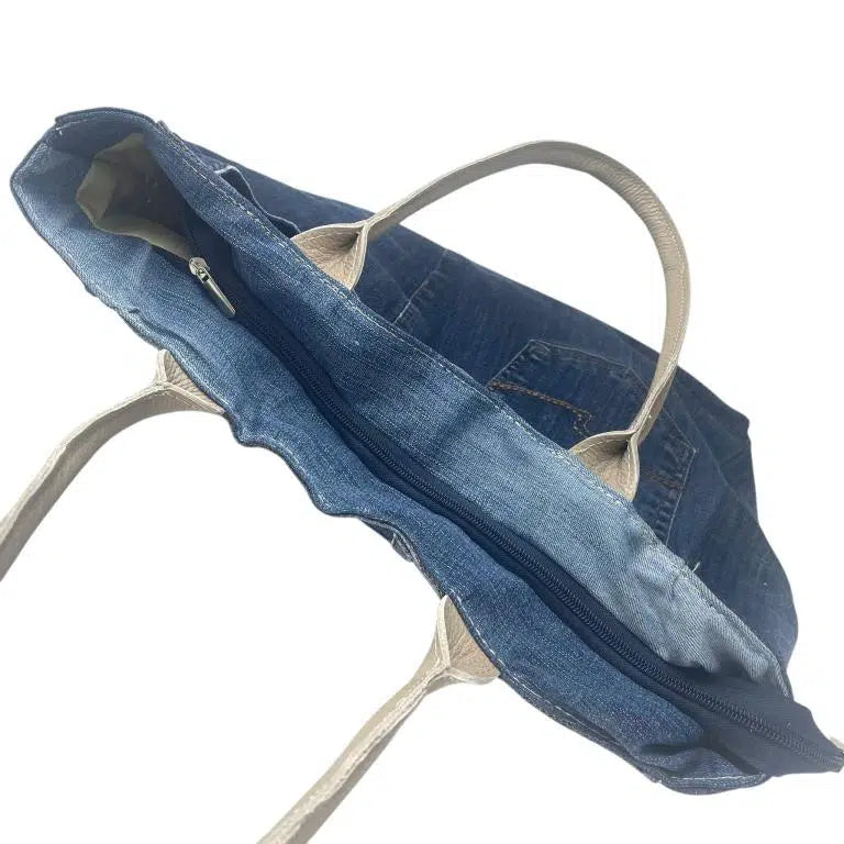Bolso de Hombro en Algodón con Asas de Piel, Gran Capacidad y Cierre de Cremallera