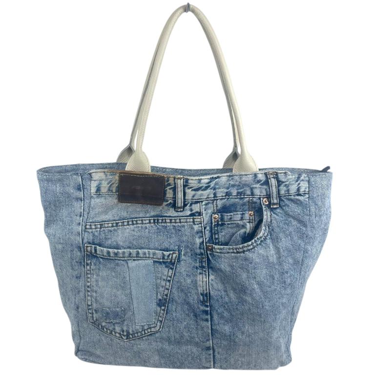 Bolso de Hombro en Algodón con Asas de Piel, Gran Capacidad y Cierre de Cremallera