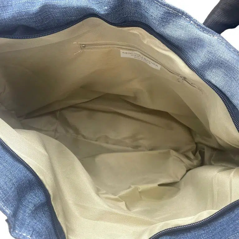 Bolso de Hombro en Algodón con Asas de Piel, Gran Capacidad y Cierre de Cremallera