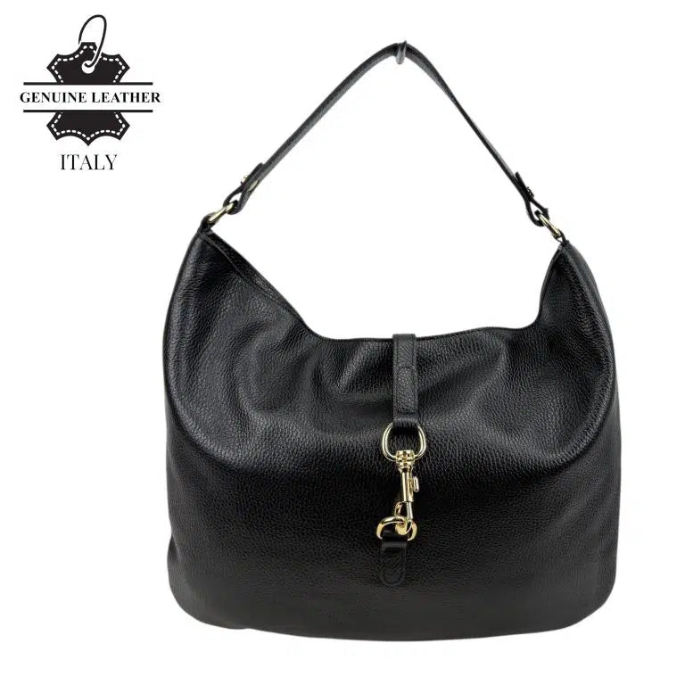 Bolso de Hombro Hobo en Piel Italiana con Mini Solapa de Enganche Frontal y Asa Corta