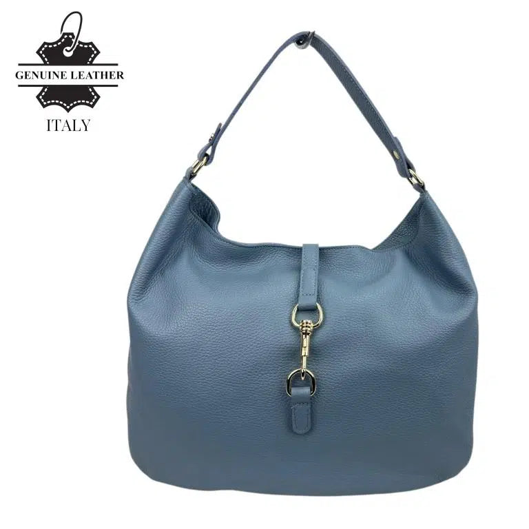 Bolso de Hombro Hobo en Piel Italiana con Mini Solapa de Enganche Frontal y Asa Corta