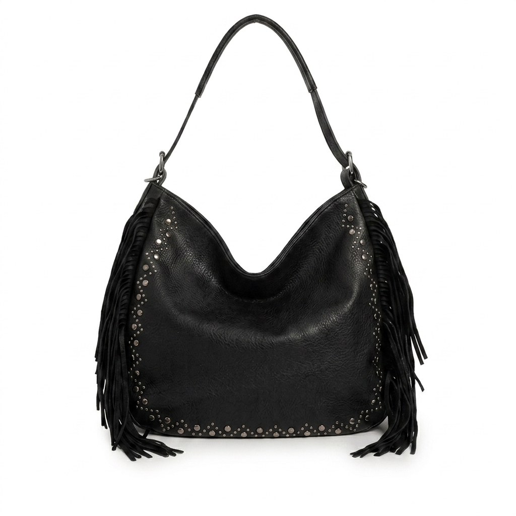 Bolso de Hombro Hobo Sintético con Tachuelas y Flecos