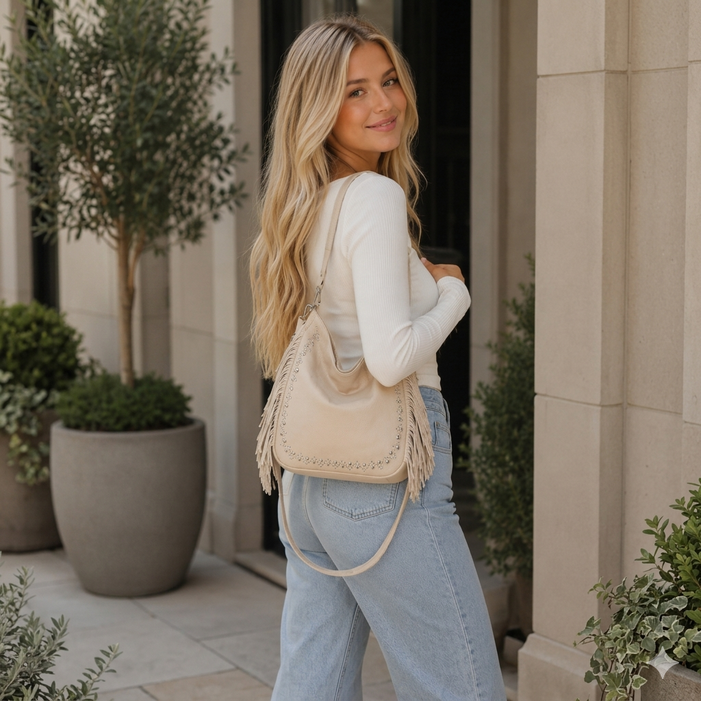 Bolso de Hombro Hobo Sintético con Tachuelas y Flecos