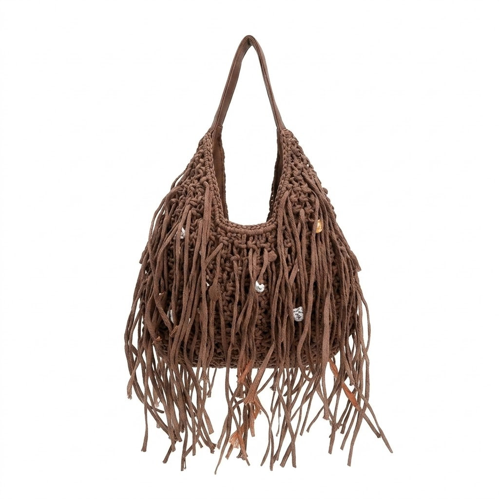 Amplio Bolso de Hombro en Papel con Flecos y Elementos Marinos Decorativos
