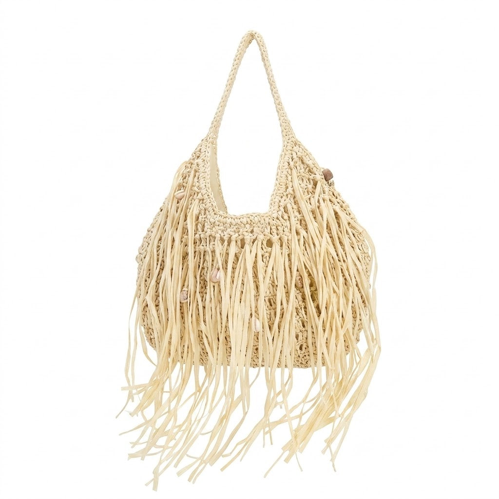 Amplio Bolso de Hombro en Papel con Flecos y Elementos Marinos Decorativos