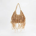 Amplio Bolso de Hombro en Papel con Flecos y Elementos Marinos Decorativos