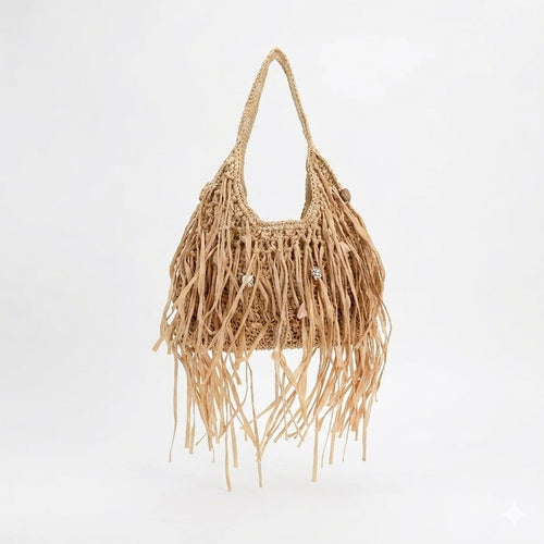 Amplio Bolso de Hombro en Papel con Flecos y Elementos Marinos Decorativos