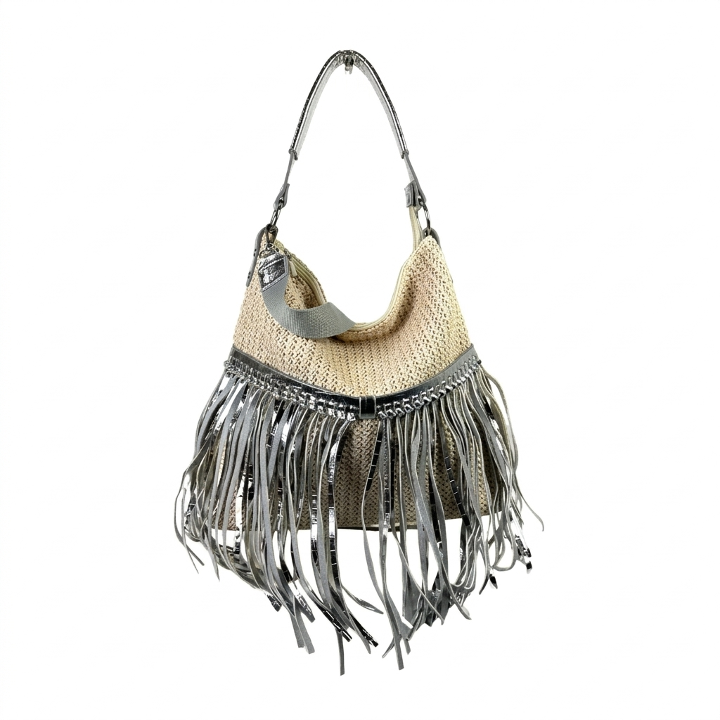 Bolso de Hombro con Flecos y Cremallera color plata