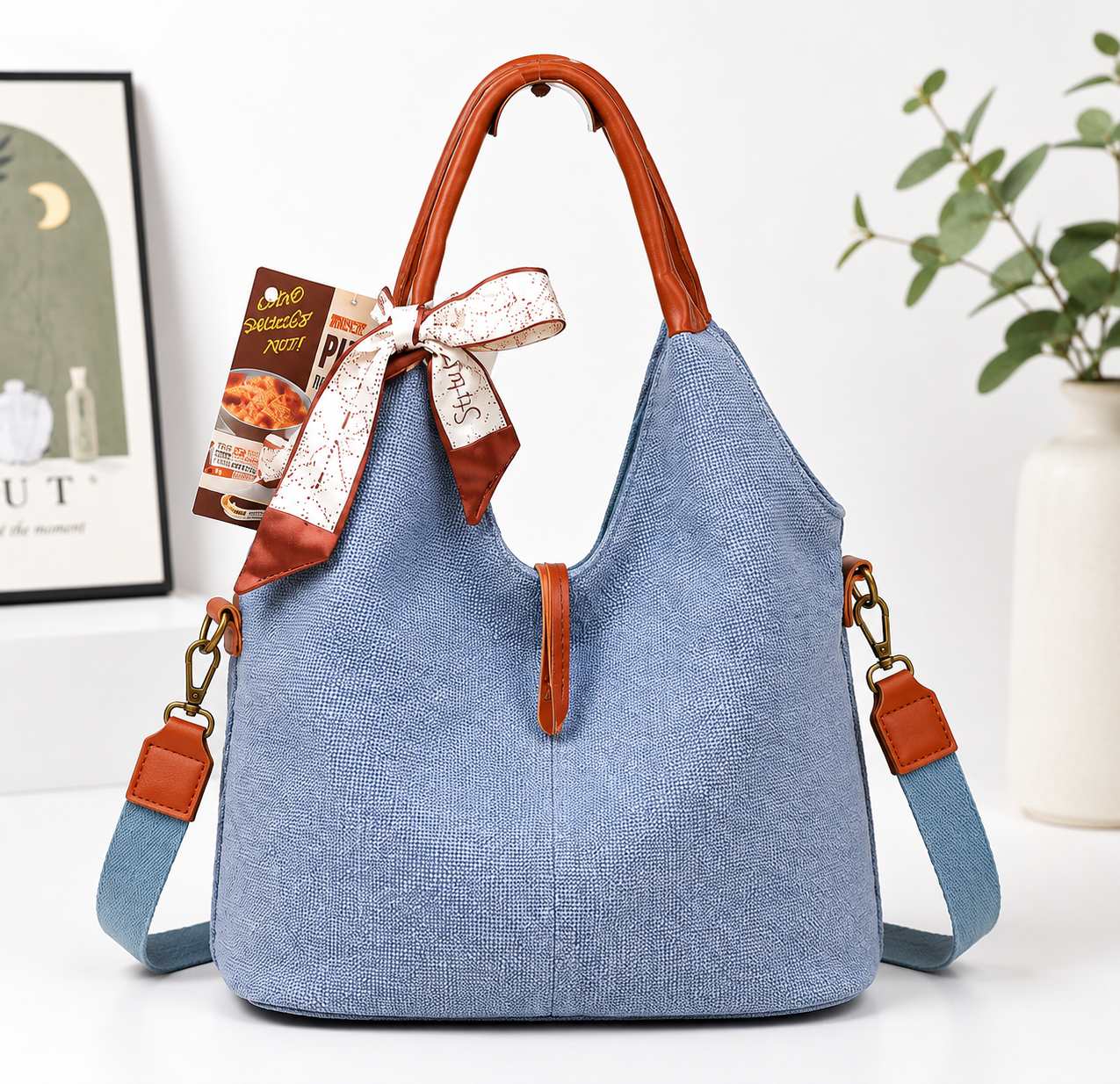 Bolso de Hombro en Lino Lavado con Pañuelo Decorativo, Cremallera y 2 Asas Marrones