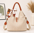 Bolso de Hombro en Lino Lavado con Pañuelo Decorativo, Cremallera y 2 Asas Marrones