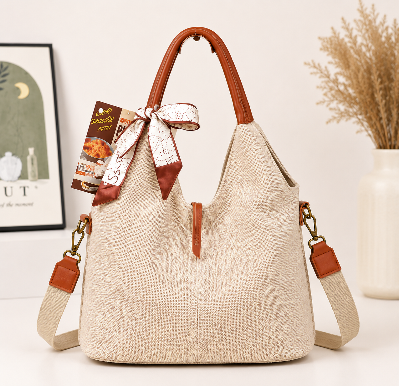 Bolso de Hombro en Lino Lavado con Pañuelo Decorativo, Cremallera y 2 Asas Marrones
